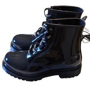 DKNY Tilly Lace up waterproof booties Glossy patent Black Combat Style Size 7
